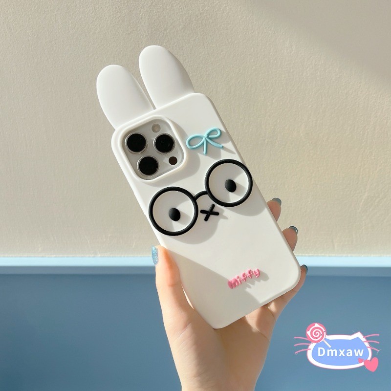 Ốp Silicon Thỏ 3D Dễ Thương Cho iPhone 16 Pro Max 15 14 Plus 13 12 Pro Max Bao Xoay Kính Tai Thỏ Hoạt Hình Vỏ Mềm Chống Sốc