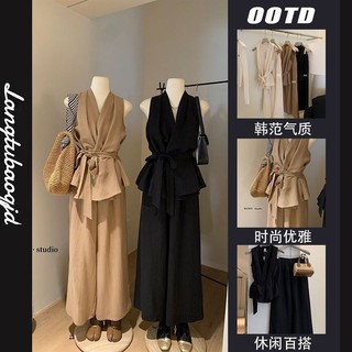 Mới Đơn Giản Không Tay Nẹp-Waist Ren-Up Top + Eo Co Giãn Cao Cấp Quần Ống Rộng Phù Hợp Với Hàng Ngày 2025 Thời Trang Mùa Hè Màu Trơn Có Thể