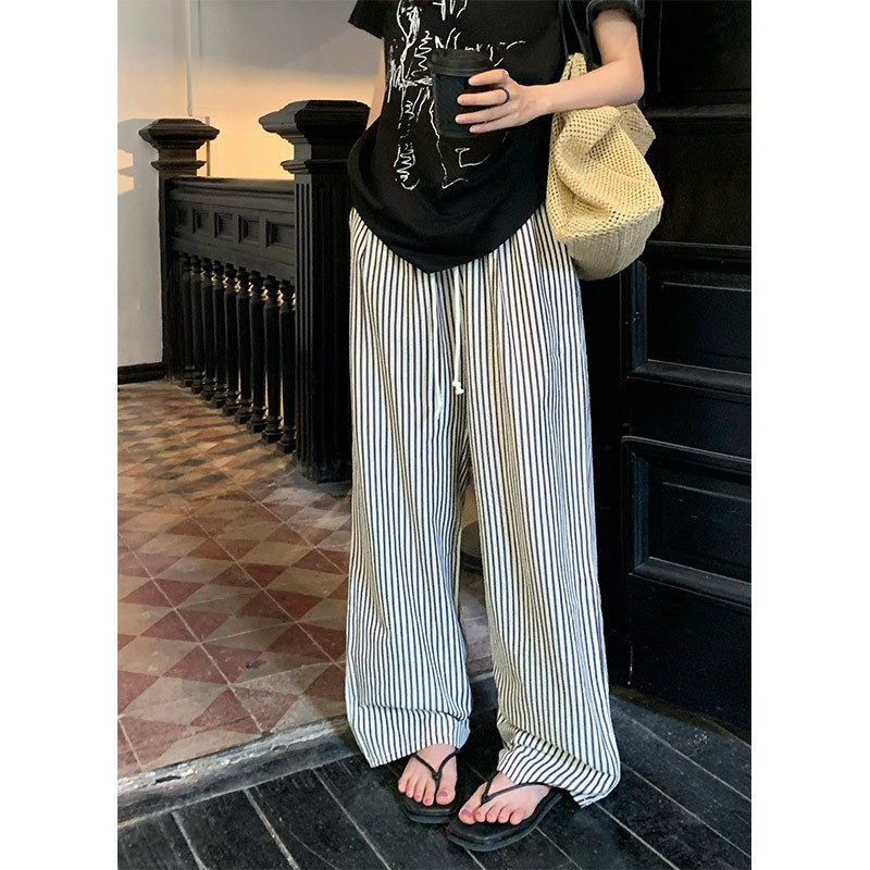 quần kẻ sọc ống rộng Quần sọc co giãn, kích thước lớn, thẳng, rộng, dài chạm đất, phong cách Hàn Quốc