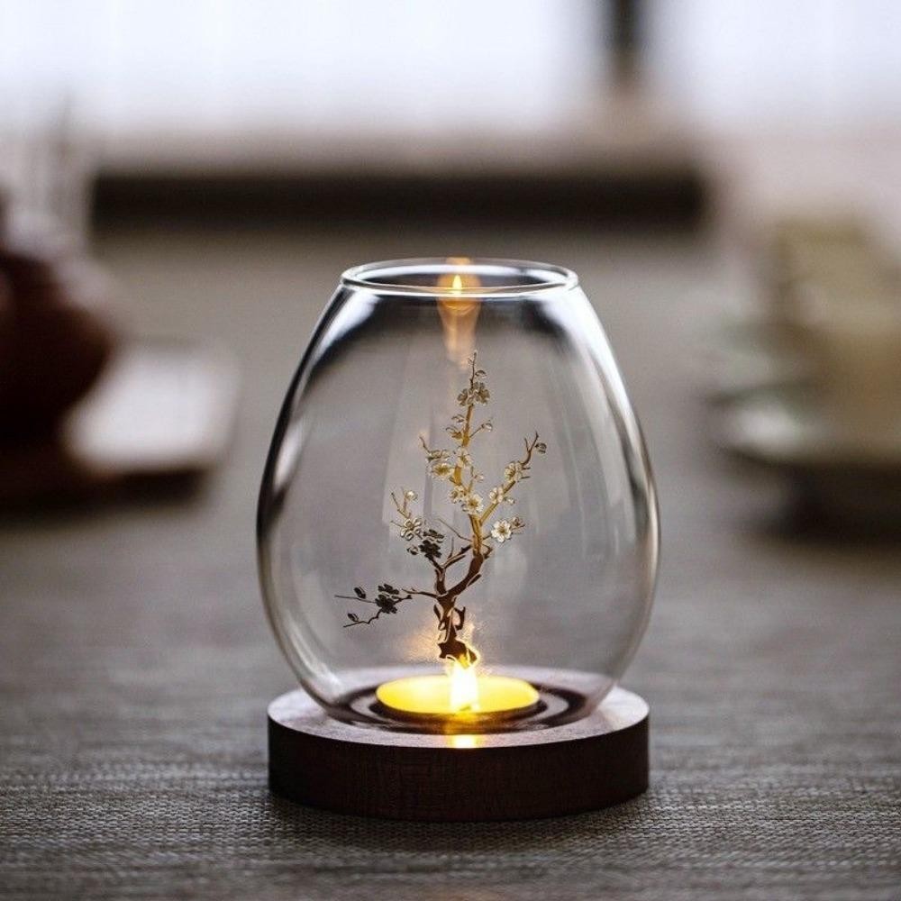 Chân nến thủy tinh SHUPUN, Chân nến trong suốt rỗng, Retro có đế gỗ tròn chống gió Vỏ cốc nến tiệc cưới