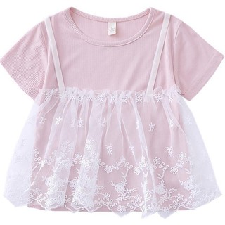 Áo thun ngắn tay ren patchwork mới cho bé gái mùa hè, áo màu trơn ngọt ngào cho trẻ em