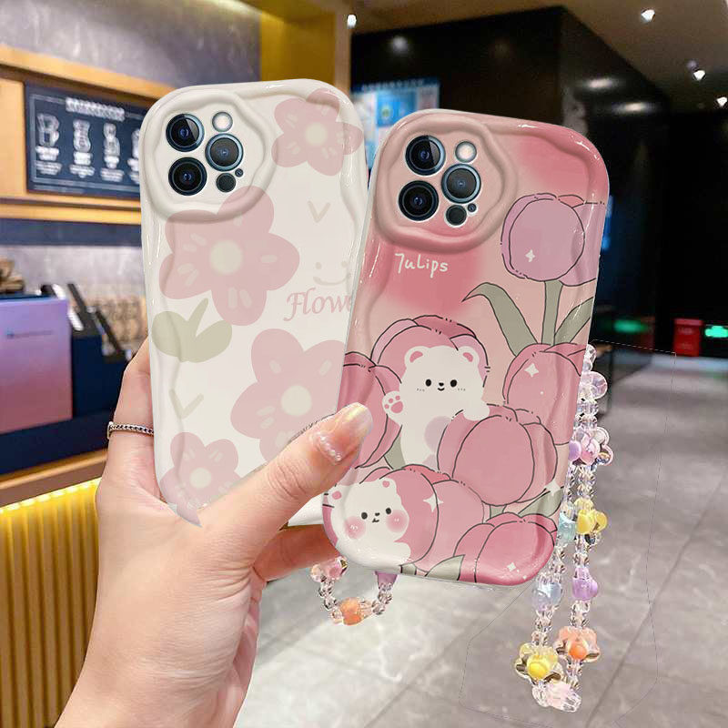 Ốp Điện Thoại Dây Xích Hoa Tulip Cho Samsung Galaxy A15 A55 A54 A35 A14 A23 A24 A34 A52 A53 A32 A13 A22 A25 A04 A04E A52S Ốp Điện Thoại Di Động 3D Sóng Cong Cạnh Vintage