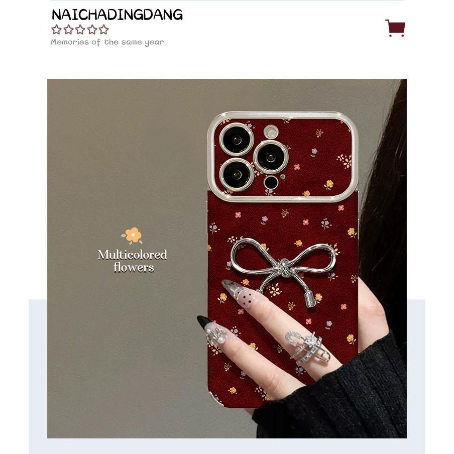 Nền Đỏ toàn màn hình nơ hoa phù hợp với 15 vỏ điện thoại da 16 cửa sổ lớn iPhone