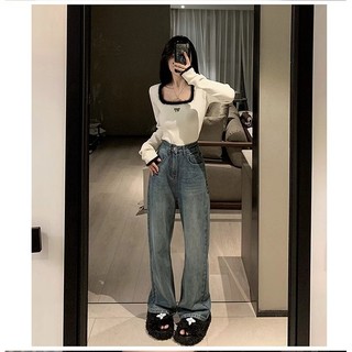 Áo dệt kim cổ vuông lông chồn khâu màu đen mẫu ngắn áo len tôn dáng ôm dáng phối bên trong dài tay mùa thu đông cho nữ mặc trong