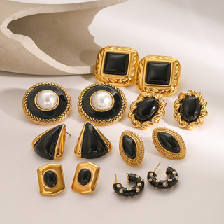 Châu Âu Mỹ ins Phong Cách Mới Thép Không Gỉ Dầu Nhỏ Giọt Đen Onyx Bông Tai Nữ