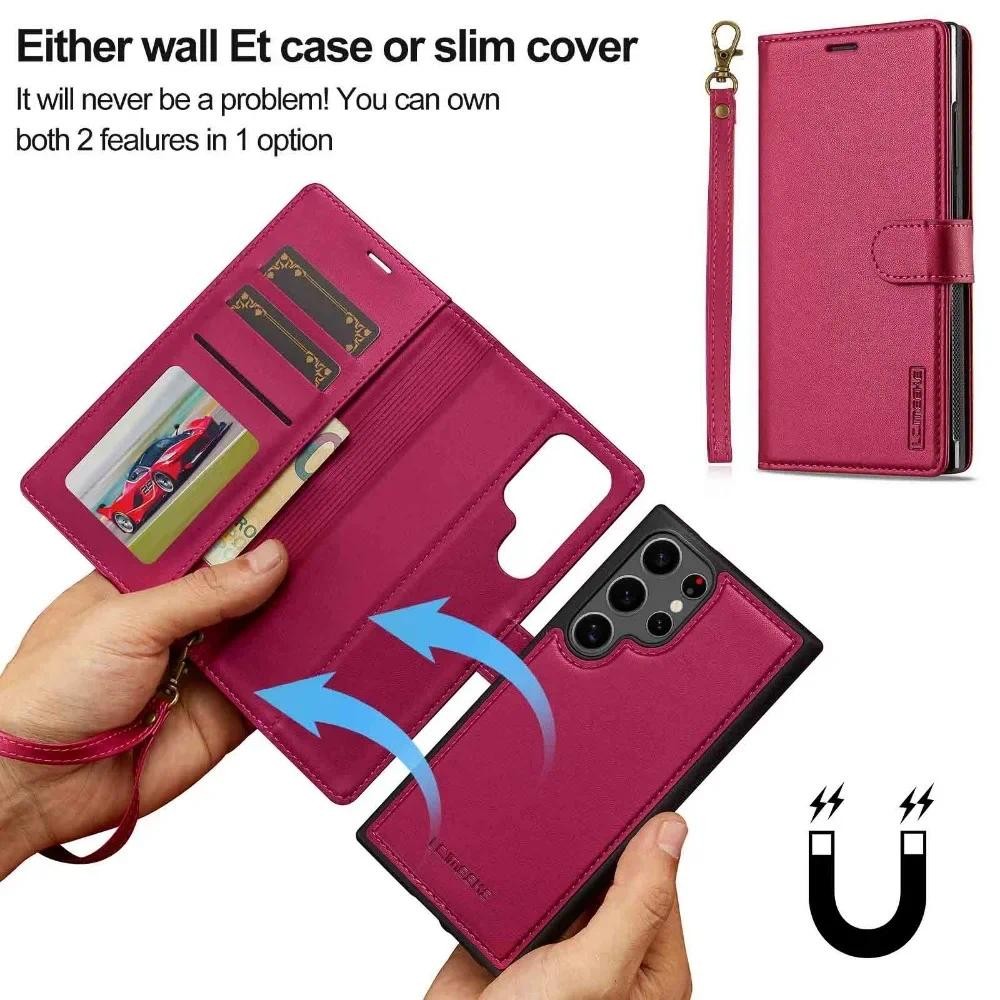 Ví có thể tháo rời Khe cắm thẻ Hộp đựng bằng da PU cho Samsung Galaxy S25 Ultra S24 FE S21 S20 S23 S22 + Plus A55 A54 A35 A16 A15 A14 5G Chân đế từ tính Dây đeo cổ tay chống sốc
