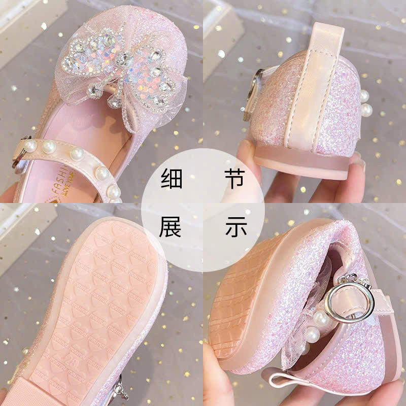 Giày búp bê đính nơ đá điệu đà cho bé gái, Giày bệt da PU bọc kim tuyến lấp lánh đế cao su mềm chống trơn trượt XD308