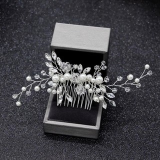 Lược Cô Dâu với Ngọc Trai và Kim Cương Giả Màu Bạc, Trang Sức Tóc Cưới Đẹp Lấp Lánh