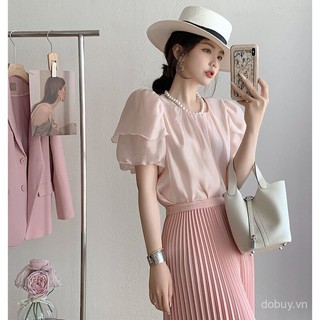 2025 Mùa hè Pháp sang trọng áo blouse cổ tròn tay ngắn thiết kế thời trang đa năng cho phụ nữ