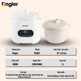 Nồi Nấu Cháo Chậm Engler EL001 1L 6 Chức Năng Nấu Giữ Ấm Tốt Kèm Xửng Hấp