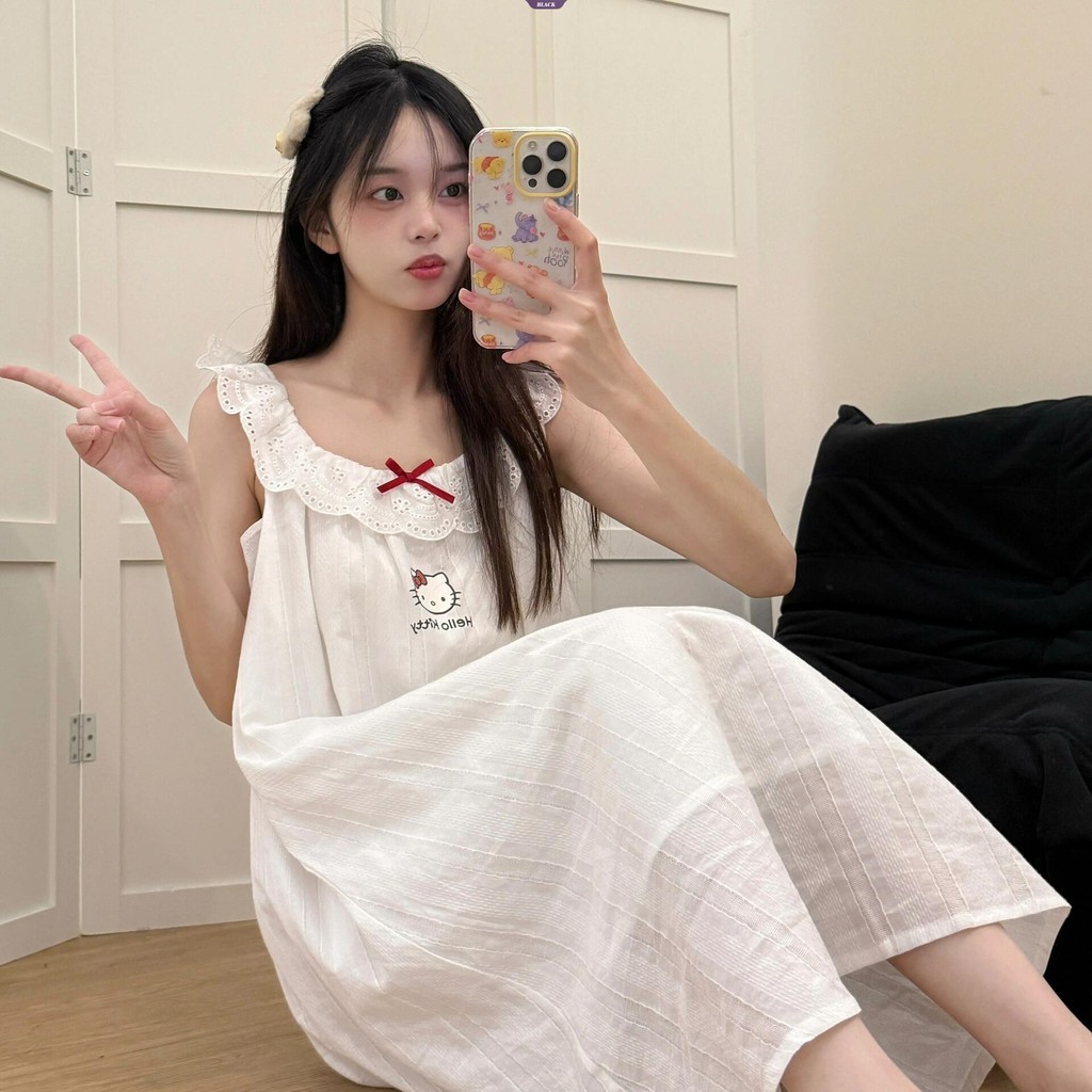 Suspender Ren Hello Kitty Váy Ngủ Nữ Mùa Hè Phong Cách Công Chúa Ký Túc Xá Nơ Ngọt Ngào Mới Quần Áo Nhà [BL]