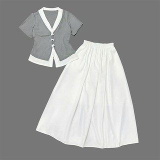 Set đồ bigsize áo kiểu đính nơ hai lớp phối chân váy xòe lưng chun tôn dáng và che khuyết diểm SET A271+CV15