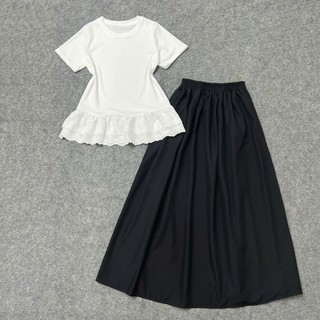 Set đồ bigsize 2 món áo thun ngắn tay viền ren bèo  phối chân váy dáng dài xòe che khuyết điểm  SET A281+CV15