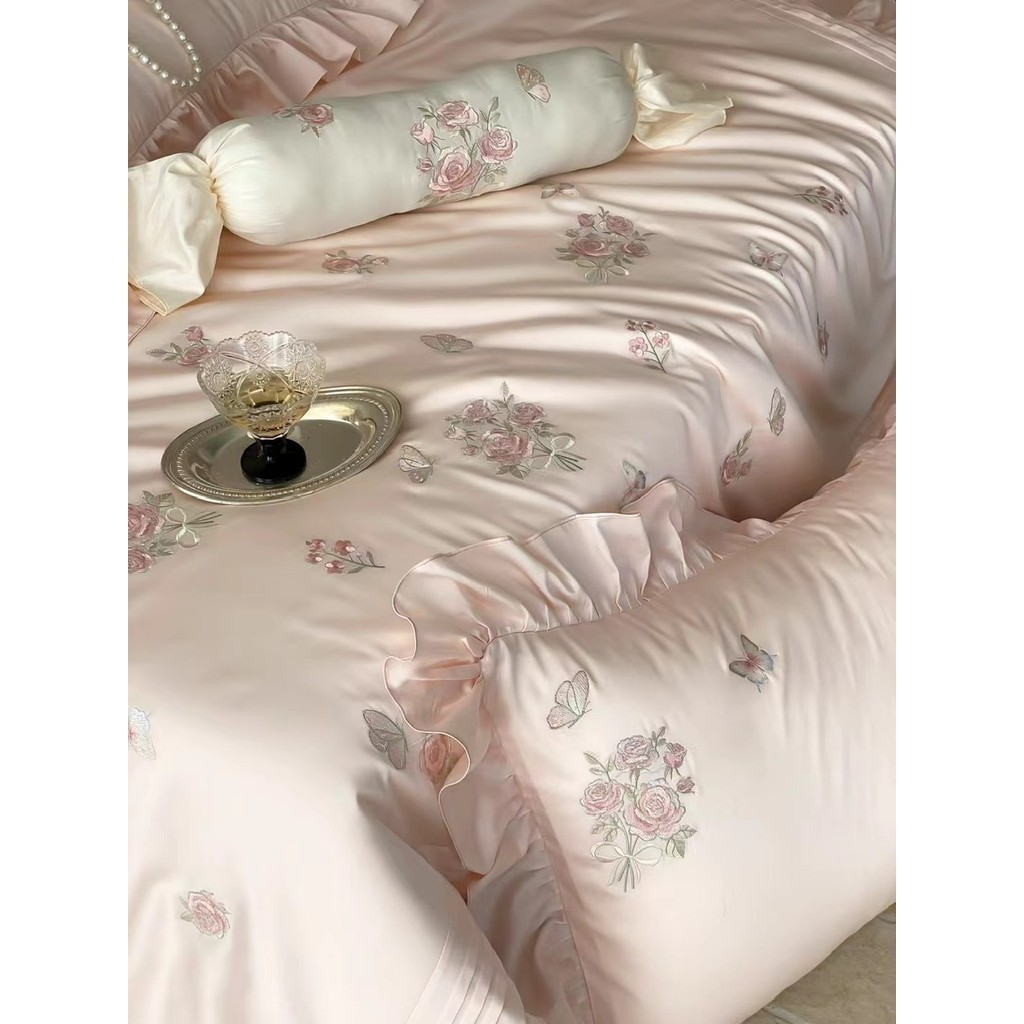 (L41490) Bộ Chăn Ga Gối Chất Liệu Tencel 60s Mềm Mại Thêu Hoa Nổi Tinh Xảo Bèo Rủ Nhẹ Nhàng - MemMinbedding Luxury