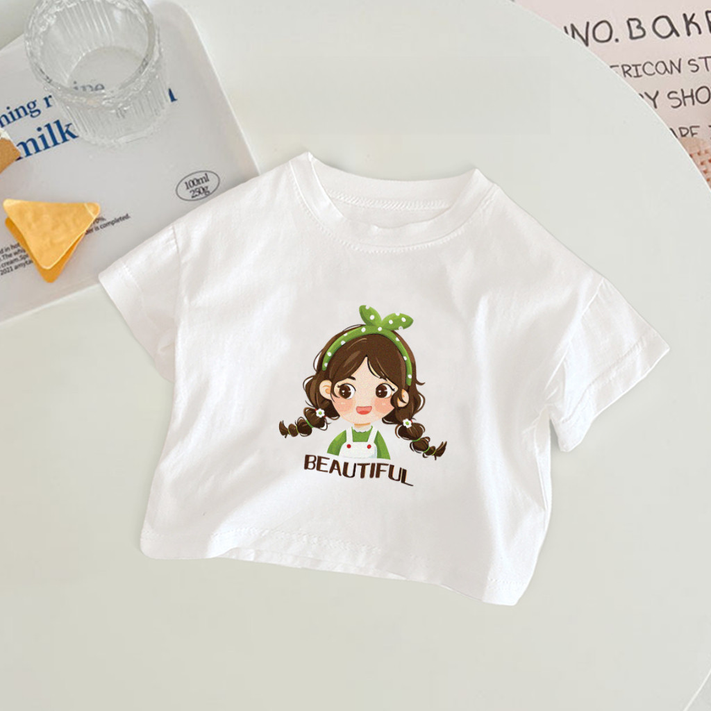 2025 Áo thun crop top KUMORI mới cho bé gái, in 2D dễ thương, trang phục thường ngày