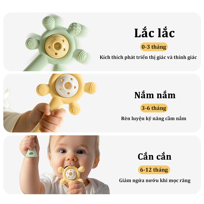 Lục lạc cho bé gặm nướu silicone kháng khuẩn, hỗ trợ khả năng cầm nắm, Tăng Khả Năng Nghe Nhìn, đồ chơi sơ sinh