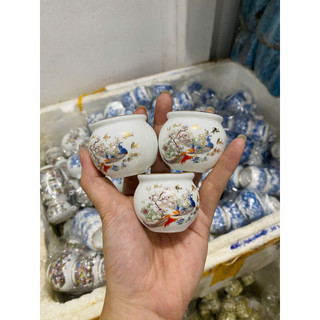 Bộ 3 chiếc cóng sứ dát vàng phụ kiện lồng chim Chào Mào, Chích Choè cao cấp