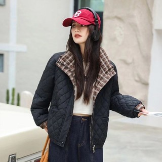 Áo khoác Cotton ngắn có đệm mùa đông phong cách mới hình thoi hai bông dáng rộng mỏng hơn nhìn đứng cổ áo phong cách phương Tây xuống Pad