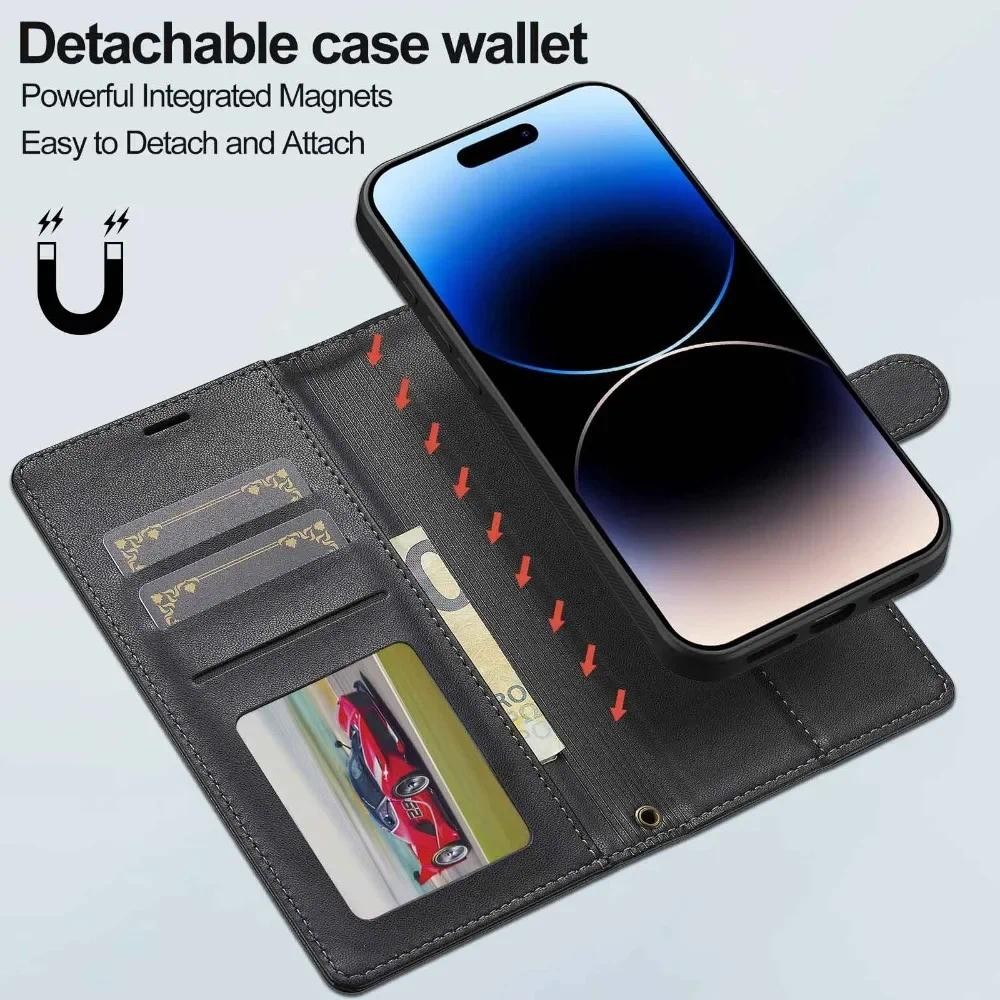 Ví có thể tháo rời Khe cắm thẻ Hộp đựng bằng da PU cho IPhone 16 Pro Max 15 14 Plus 13 12 11 XSMAX XR X 7 8 SE 2020 2022 Chân đế từ tính Dây đeo cổ tay chống sốc có thể tháo rời Flip P
