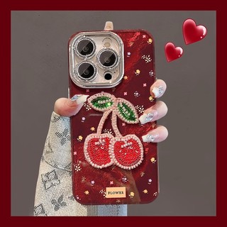 Phim Bảo Vệ Ống Kính Lấp Lánh 3D Đính Hạt Anh Đào Đỏ Hoa Wrsit Dây Xích Điện Thoại Dành Cho iPhone 17Promax 12 13 Promax 11 14 15 16 Pro Max Nữ Vỏ Di Động