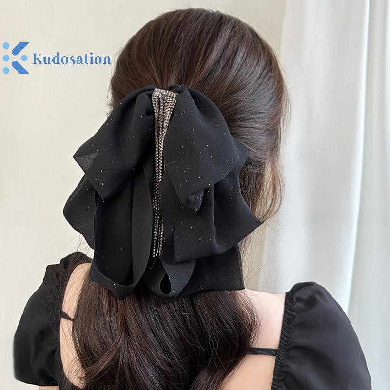 Kudosation Thanh Lịch Kim Cương Giả sel Đen Ba Lớp Nơ Tóc Móng Vuốt Cho Nữ Ngọt Ngào Thời Trang Phụ Kiện Tóc