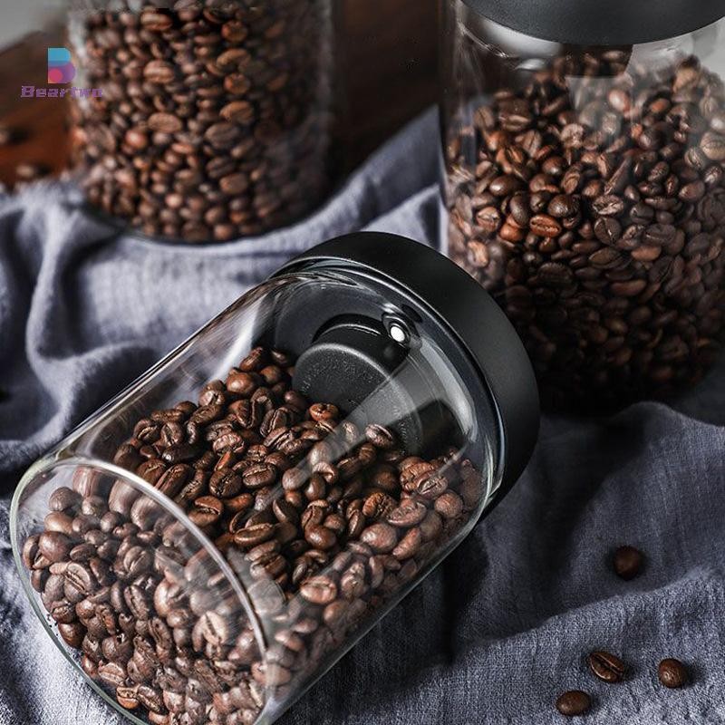 < Beartwo > Bình kín chân không Đậu cà phê Thủy tinh Hộp kín khí Thực phẩm Ngũ cốc Kẹo Giữ tươi Bình bảo quản Phụ kiện nhà bếp Đẹp