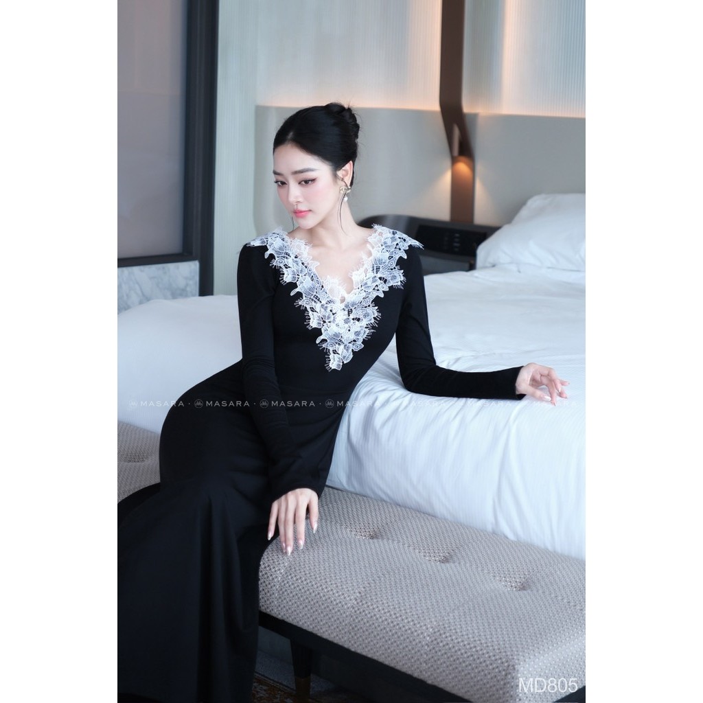 Đầm nữ Masara dáng dài chất thun đen ren trắng cổ V phong cách thanh lịch MD805
