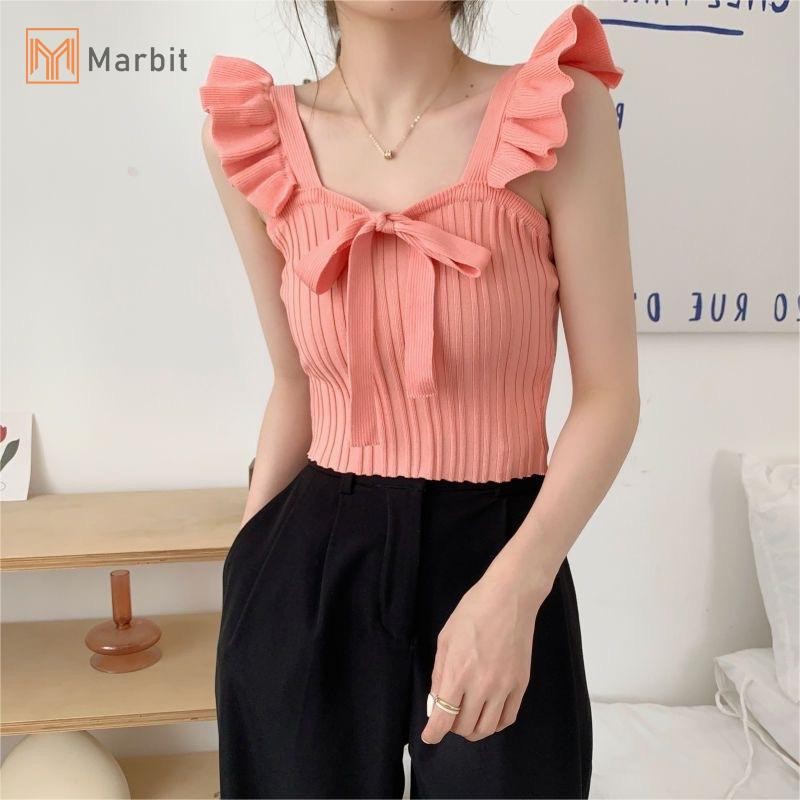 Marbit Mùa Hè Nữ Ngọt Nơ Xù Màu Trơn Không Tay Ôm Dệt Kim Camisole Mới