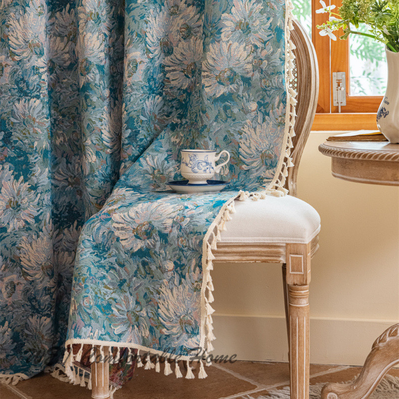Pháp Xanh Sơn Dầu Rèm Phong Cách Mục Vụ Phòng Ngủ Vịnh Cửa Sổ Bán Đen Jacquard Phòng Khách Hoàn Thành Rèm