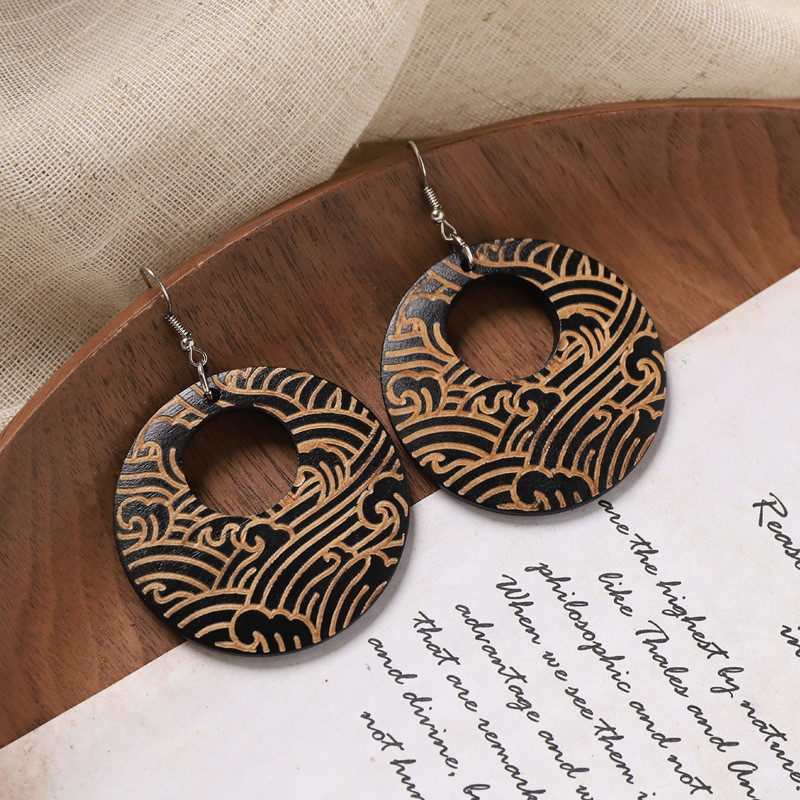GHGl❤️Bông tai thiết kế khắc gỗ phong cách Trung Quốc retro, kiểu tròn dân tộc nữ tính
