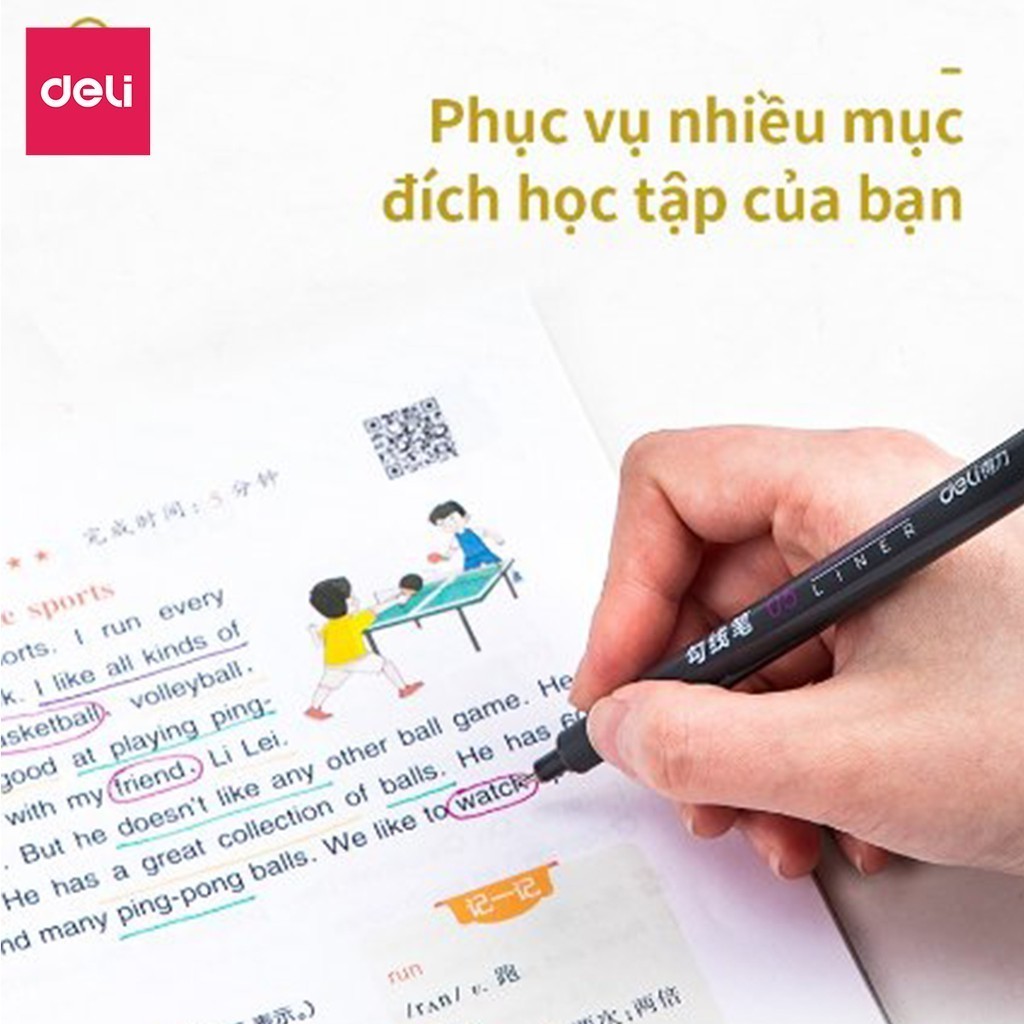 Bộ 9 bút line, lông kim đi nét nhiều màu Deli ngòi bọc kim loại 0.5mm viết caligraphy thư pháp trang trí sổ tay S572