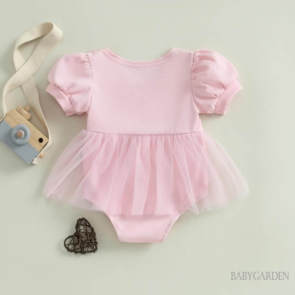 / / -Bộ Áo liền quần ngắn tay vải tuyn viền nơ trang trí cho bé gái