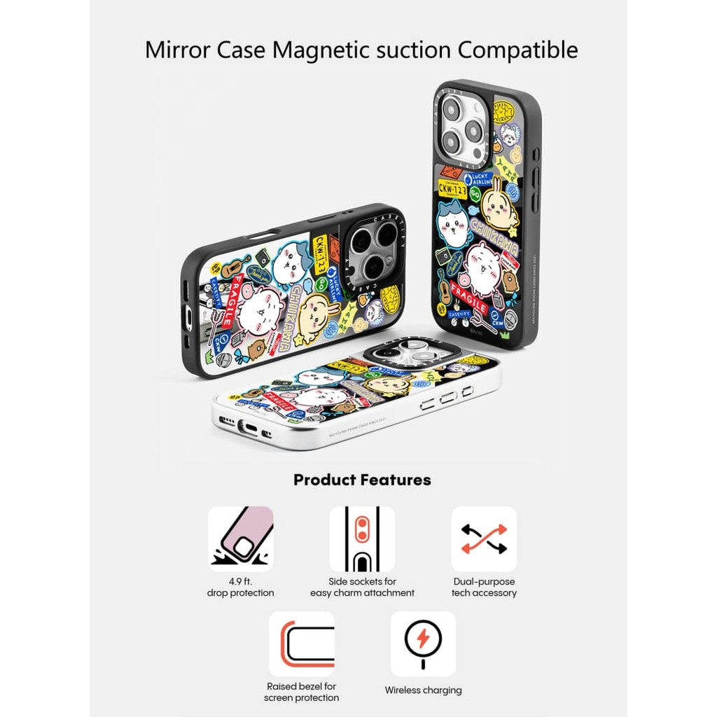 Casetify X Chiikawa Hành Lý Miếng Dán Ốp Lưng Từ Tính Hút Đen & Bạc Gương IPhone IPhone 16 15 14 13 12 Pro Max Plus Ốp Lưng Cứng Có Hộp Khắc logo