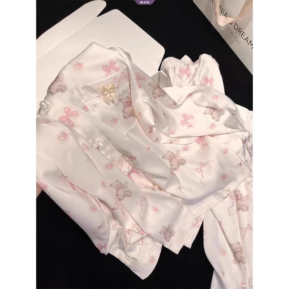 Ren Hoạt Hình Gấu Nơ Lớn Ice Silk Bộ Đồ Ngủ Nữ Xuân Hè 2025 Mới Dài Tay Mặc Ở Nhà [BL]