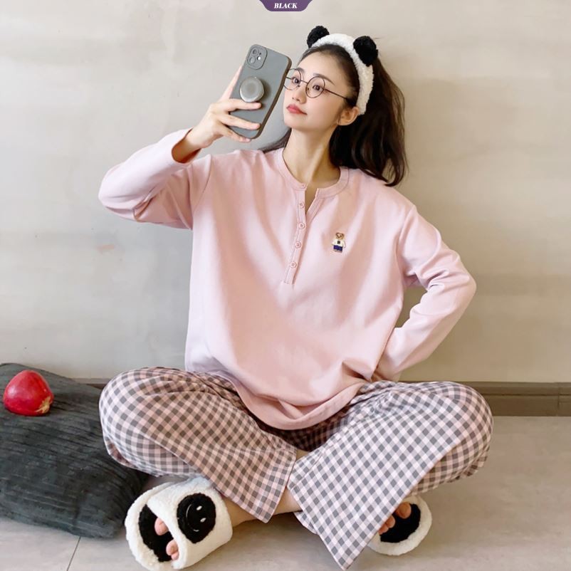 Bộ Đồ Ngủ Mới Mùa Xuân Nữ Cổ Tròn Ins Phong Cách Dài Tay Kẻ Sọc Gấu Rời Homewear Bộ Đồ Hai Mảnh [BL]