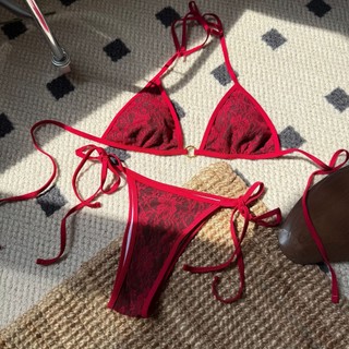 Đồ Bơi Nữ Ren Đen Chia Vải Dây Hai Mảnh Bikini Đồ Bơi