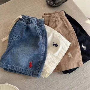 Quần short mùa hè mới cho bé trai và bé gái, quần short mỏng năm điểm thoáng khí cho trẻ em, quần short denim hoạt hình cho bé
