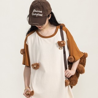 Little Yellow Man Tim Bear Ba Chiều Tay Ngắn Hoạt Hình Hàng Hóa Khóa Màu Raglan Phong Cách Retro