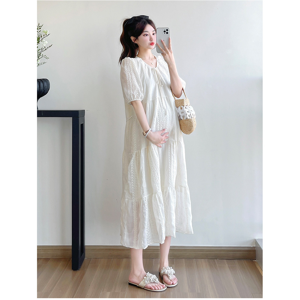 Trang phục bà bầu Mùa hè Phiên bản Hàn Quốc Thời trang dáng rộng Kích thước lớn Váy thêu