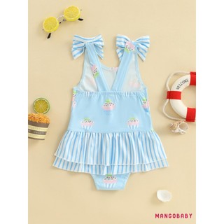 MG-Kid Girl Nơ Đồ Bơi Sọc Chanh Cupcake In Hình Cổ Chữ U Không Tay Xù Bộ Đồ Tắm Dễ Thương Đi Biển