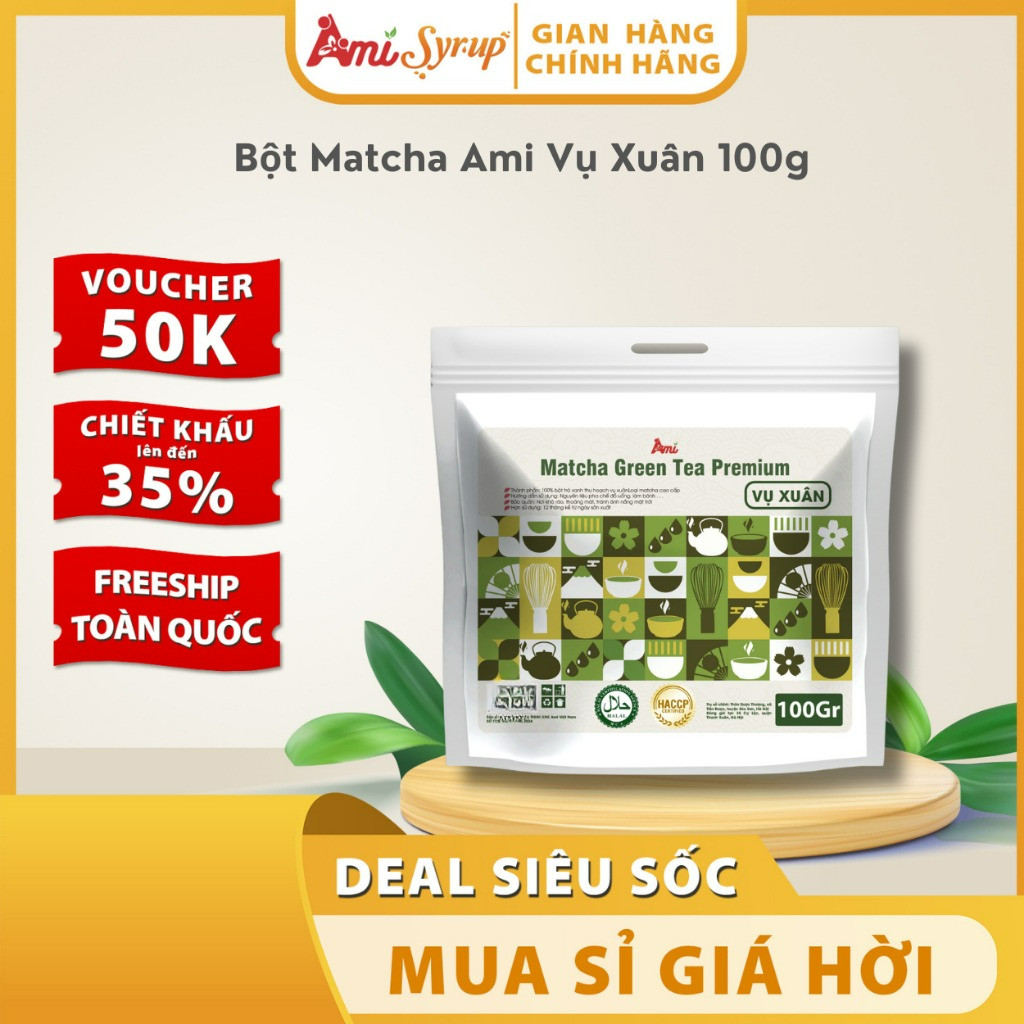 Bột Trà Xanh Matcha Ami Vụ Xuân - Gói 100g Nguyên Chất, Thơm Ngon, Đậm Vị
