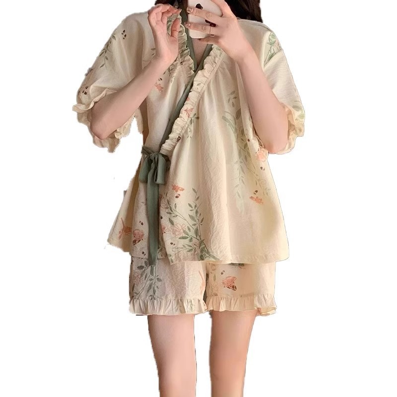Phong Cách Mới Mùa Hè Mới Phong Cách Trung Hoa Phối Ren Quần Short Tay Ngắn Bộ Đồ Ngủ Nữ Mỏng Phong Cách Có Thể Mặc Bên Ngoài Tươi Cổ Rhyme Phong Cách Trung Hoa Quần Áo Gia Đình