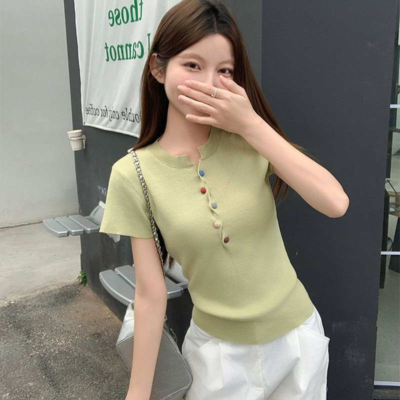 SUXI Áo thun ngắn cài nút đầy màu sắc mùa hè mới dành cho nữ 250514