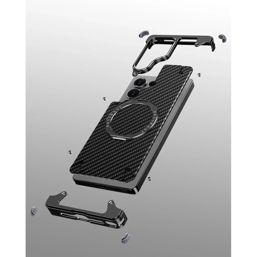 Dành Cho Samsung Galaxy S25 Ultra Ốp Lưng Điện Thoại Kết Cấu Sợi Carbon 360° Chân đế có thể xoay được Vỏ không khung từ tính