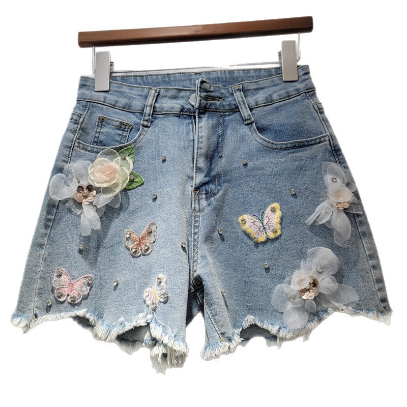 Ga Châu Âu Quần Short Denim Nữ Mùa Hè 2025 Phong Cách Mới Hợp Thời Trang Rách Đính Hạt Hoa Thêu Mỏng Hơn Nhìn Rộng Quần Nóng