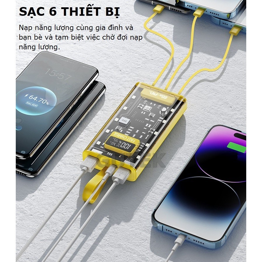 Sạc dự phòng 30000mah sạc nhanh 66w pin dung lượng lớn đi kèm dây cắm nhiều điện thoại - Gutek DX745