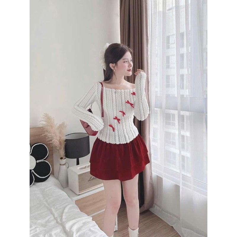 sét đồ đi chơi giáng sinh nữ, áo len cổ bẹt đính nơ, kèm chân váy ngắn xếp tầng sang chảnh Women Top Nhung