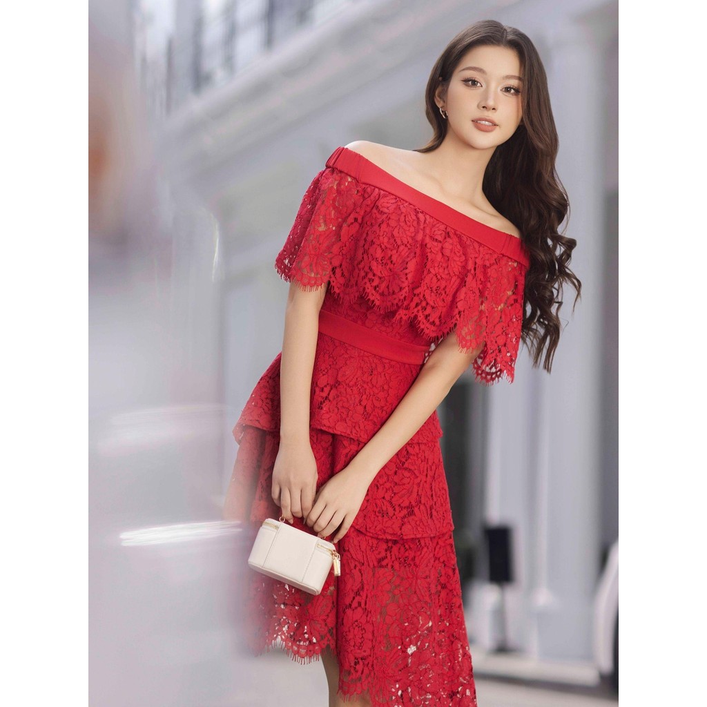 Ảnh JOVEN Đầm Nữ Naomi Midi 3 Tầng Lai Xéo Bẹt Vai Có Bèo Nhún 1