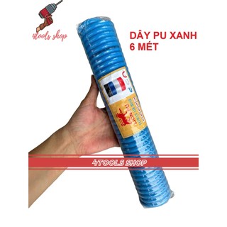 Cuộn 6 mét dây hơi PU khí nén xoắn phi 8 chịu áp lực cao dẻo mềm - màu xanh