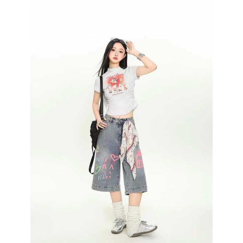 ThaliaWisp Quần Denim ống rộng thời trang với thiết kế Graffiti đầy màu sắc